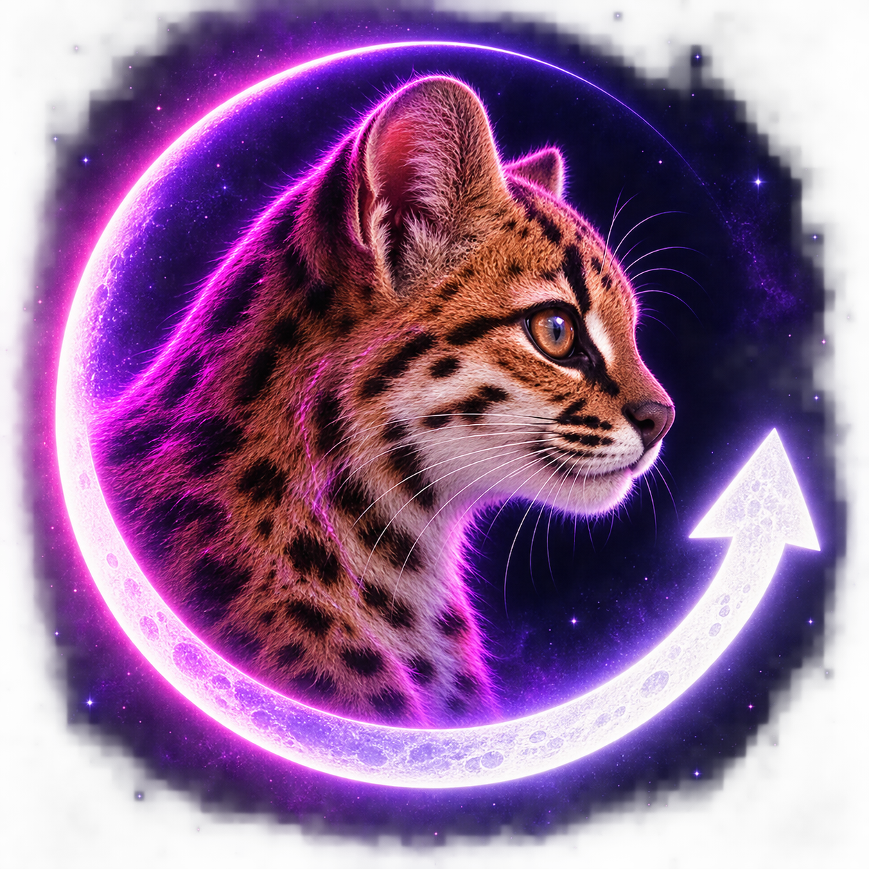 MoonTilcayo, a spotted wild cat in profile surrounded by a luminous lunar orbit